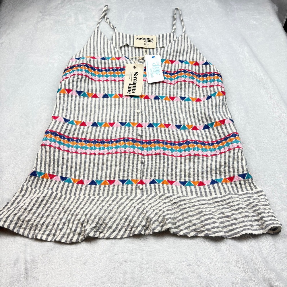 Savanna Jane Striped Embroidered Sleeveless Mini Dress/Shirt‎ Cute Sz M NEW - Picture 5 of 10